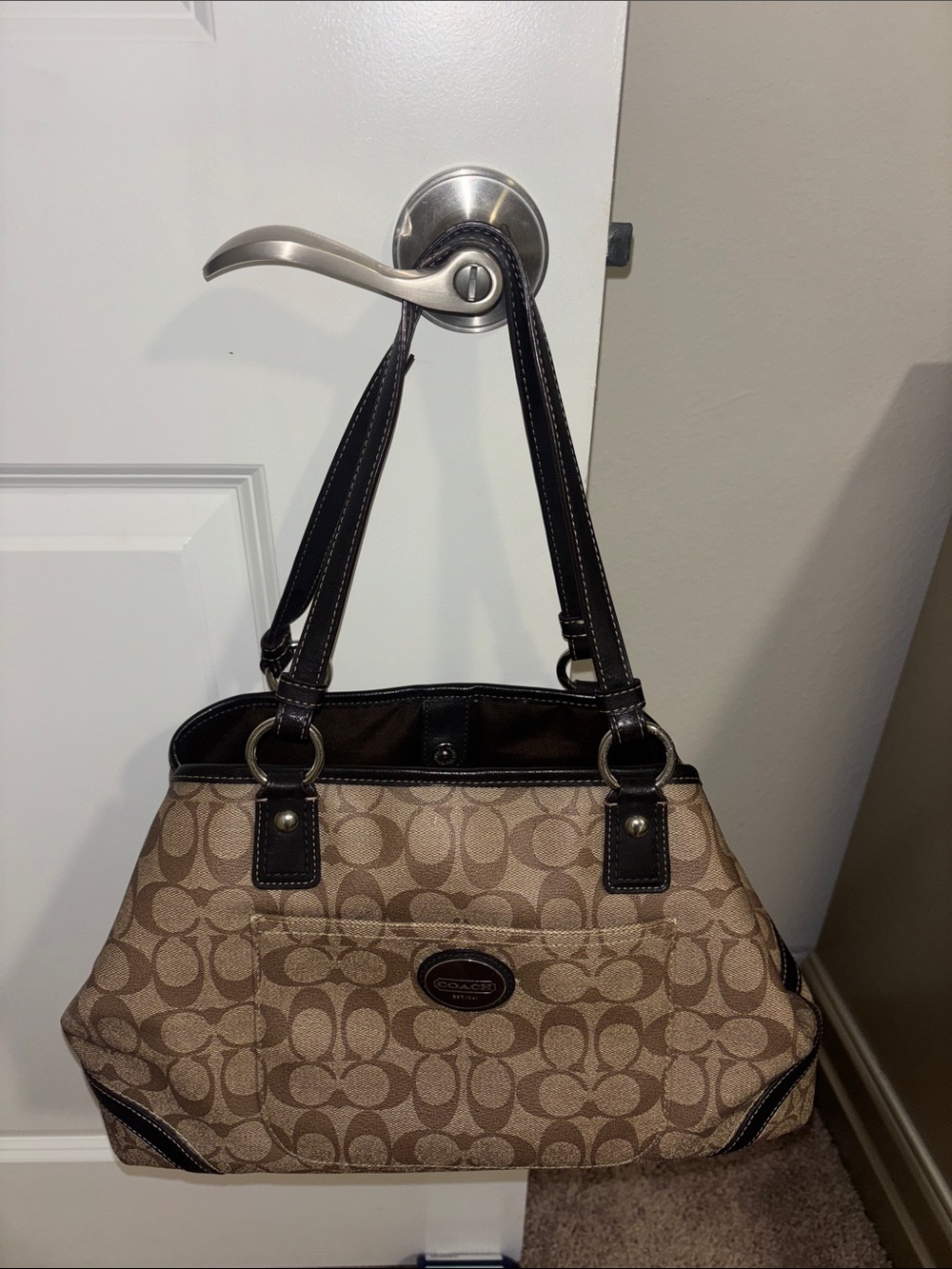 Coach Signature Canvas Large Tote Bag Brown Black Leather Trim